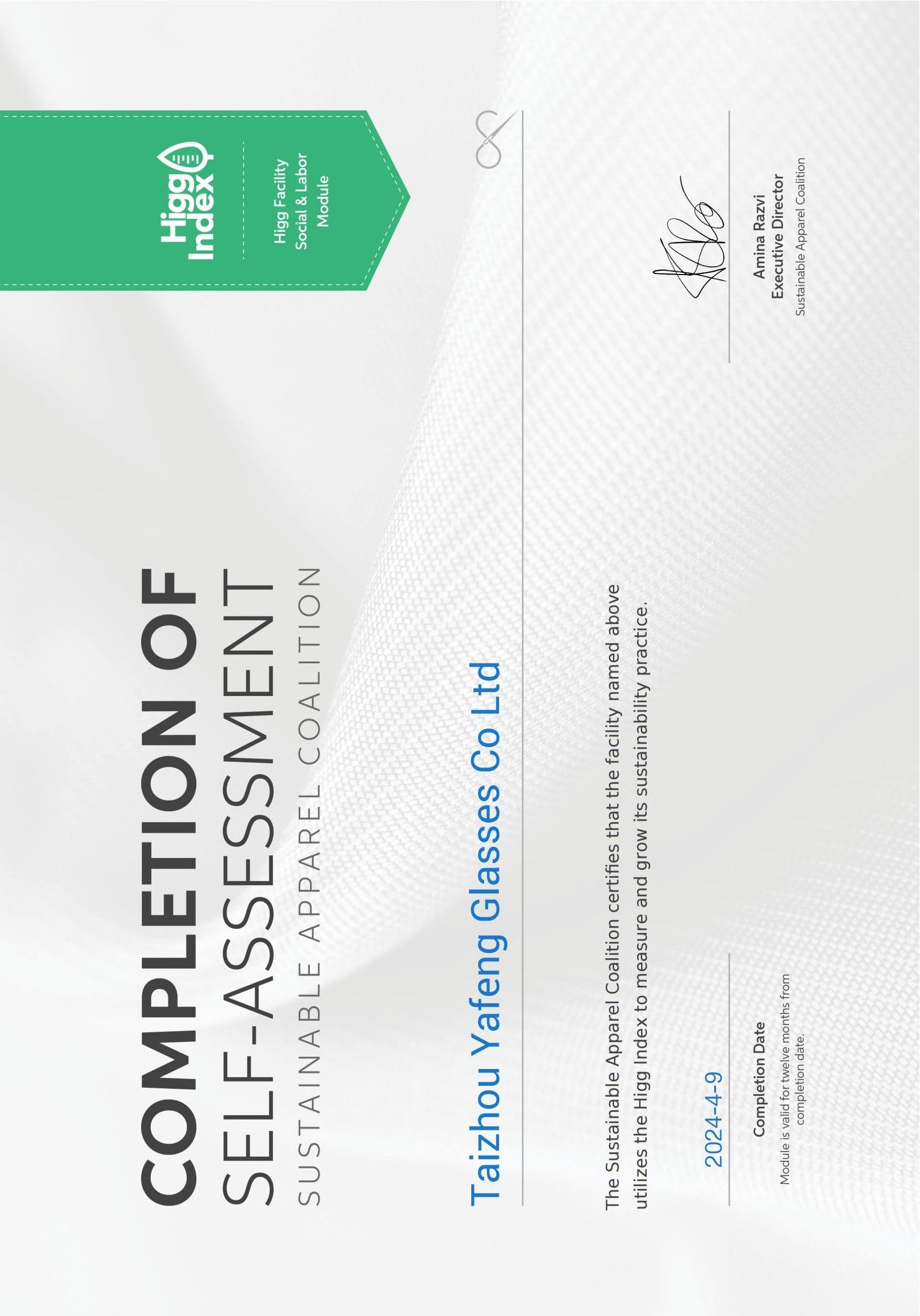 Higg-index from Yafeng glasses factory