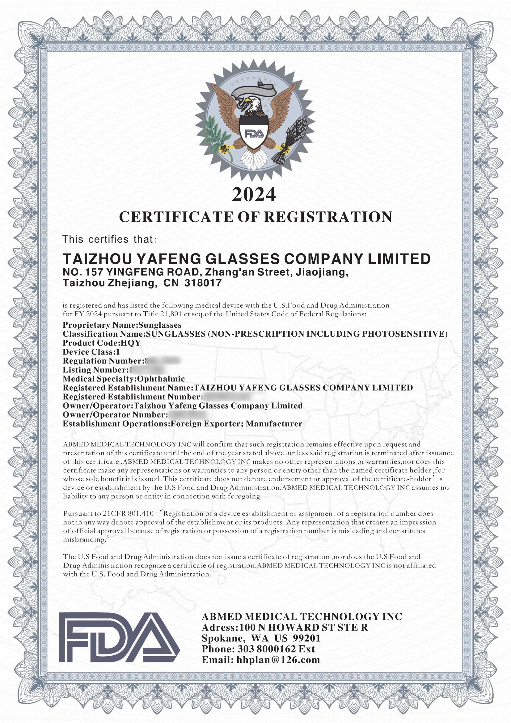 Sunglasses FDA for Yafeng Glasses,a China glasses Manufacturer